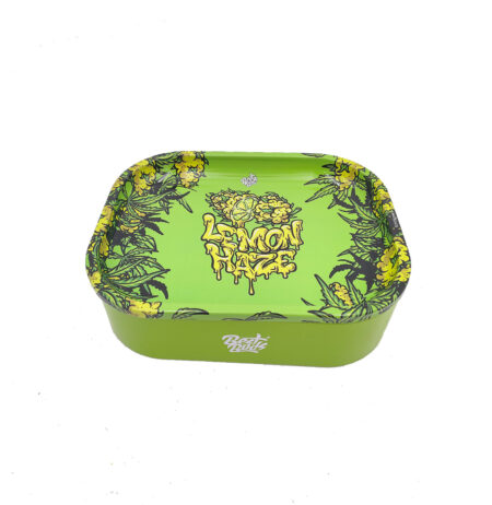 Rolling Tray con contenitore in alluminio resistente con design Best Buds Lemon Haze e vassoio di dimensioni ridotte. Organizza il tuo rolling con stile!