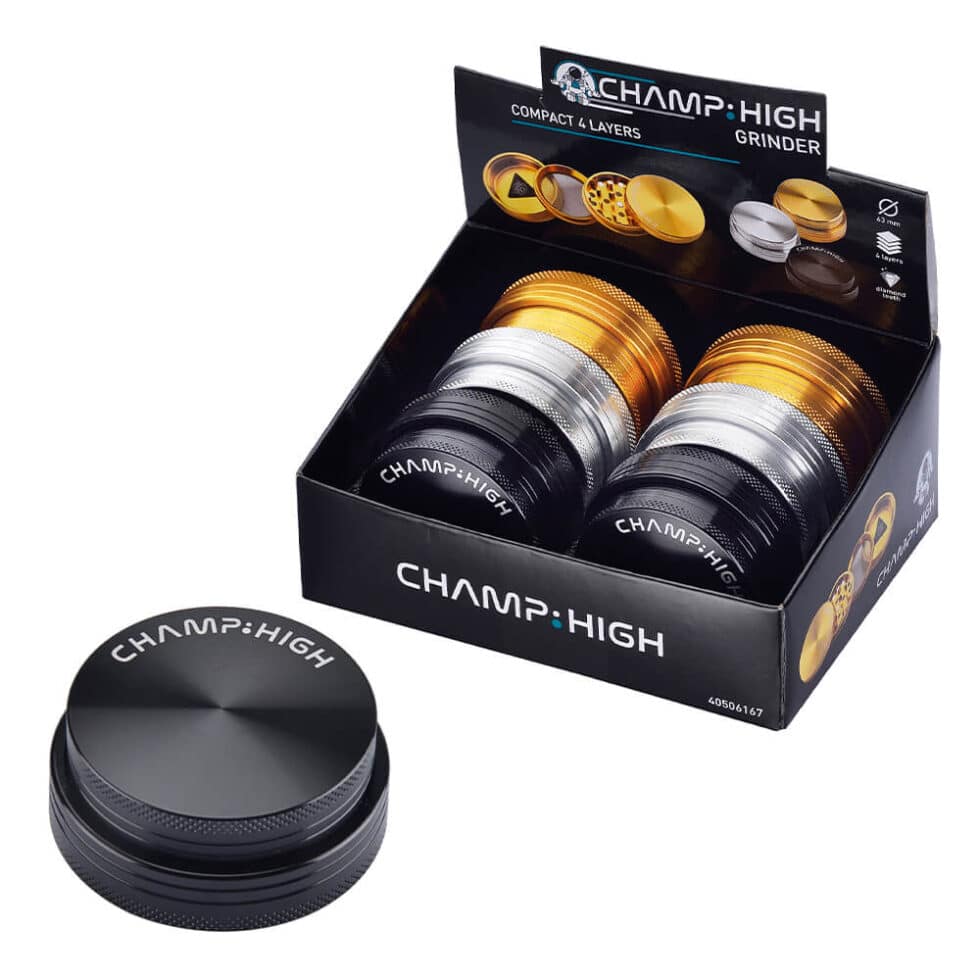 Champ High Compact Metal Grinder 4 Parts 63mm Tritatutto alta qualità per erbe Macinatura perfetta aroma intenso Caratteristiche tecniche accessori inclusi